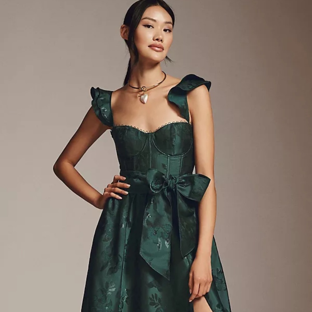 V. Chapman Vera Ruffle-Strap Corset Side-Slit Midi Dress